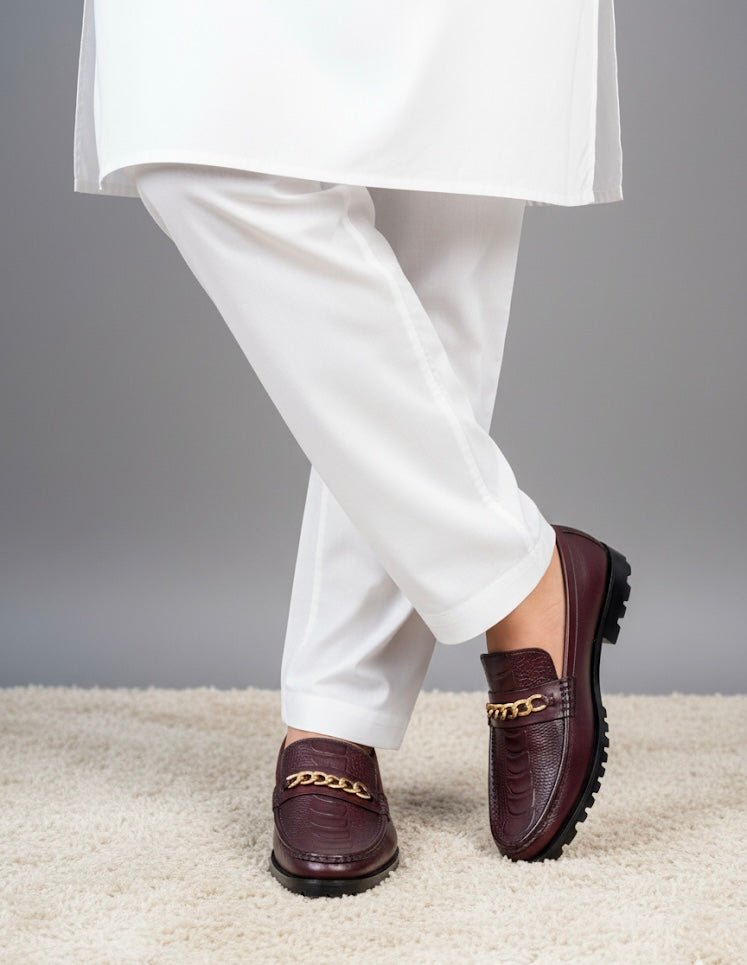 Luxury Handmade Loafers with Golden Chain – Maroon 100% Original Premium Quality
